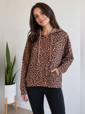 ENTRO Leopard Print Full Zip Hooded Sweatshirt Size Large